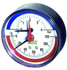 Термоманометр 1/2", торцевое соединение, 0-10 бар, 0...120°С, ф80 мм FAR